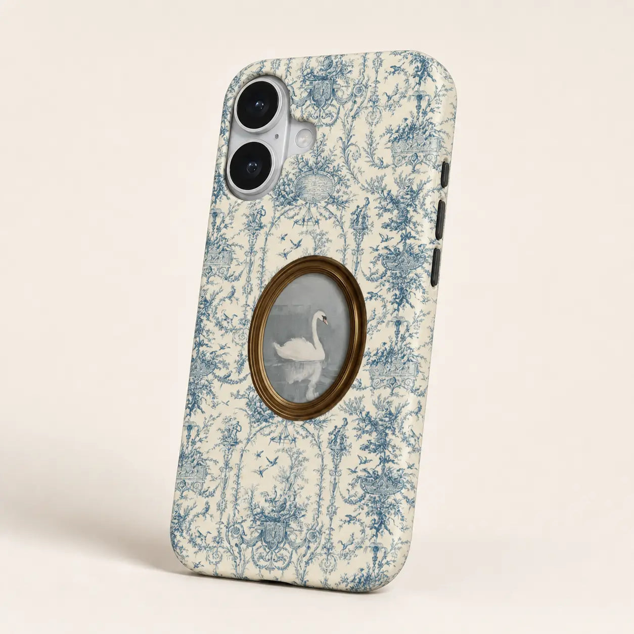 Porcelain Rococo Swan Phone Case with blue toile pattern and oval swan portrait