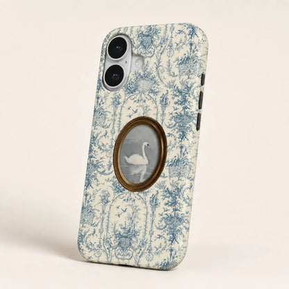 Porcelain Rococo Swan Phone Case with blue toile pattern and oval swan portrait