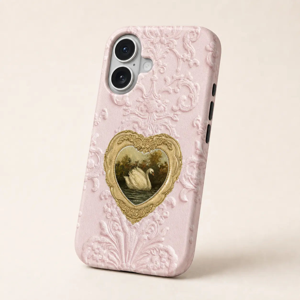 Blush Heart Rococo Swan Phone Case with pink texture and gold heart frame