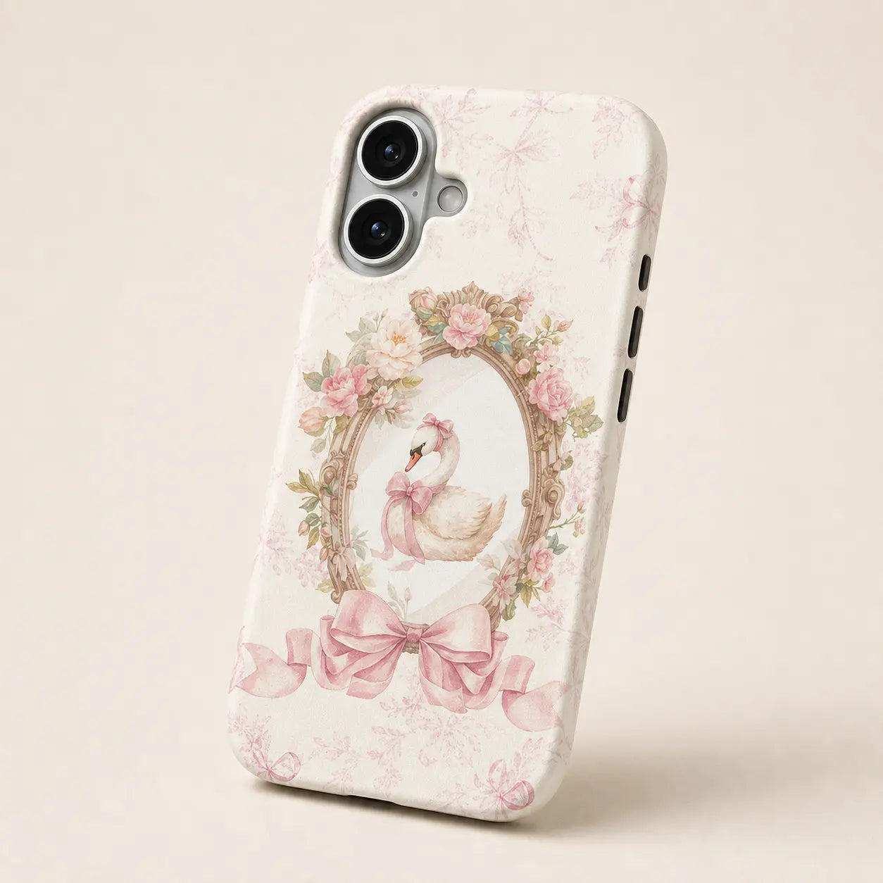 Pink Ribbon Rococo Swan Phone Case with floral frame and bow details