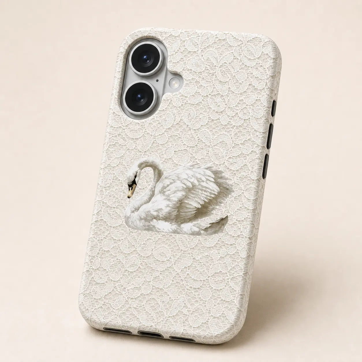 White Lace Rococo Swan Phone Case with white lace texture and swan design