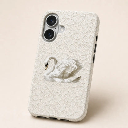 White Lace Rococo Swan Phone Case with white lace texture and swan design