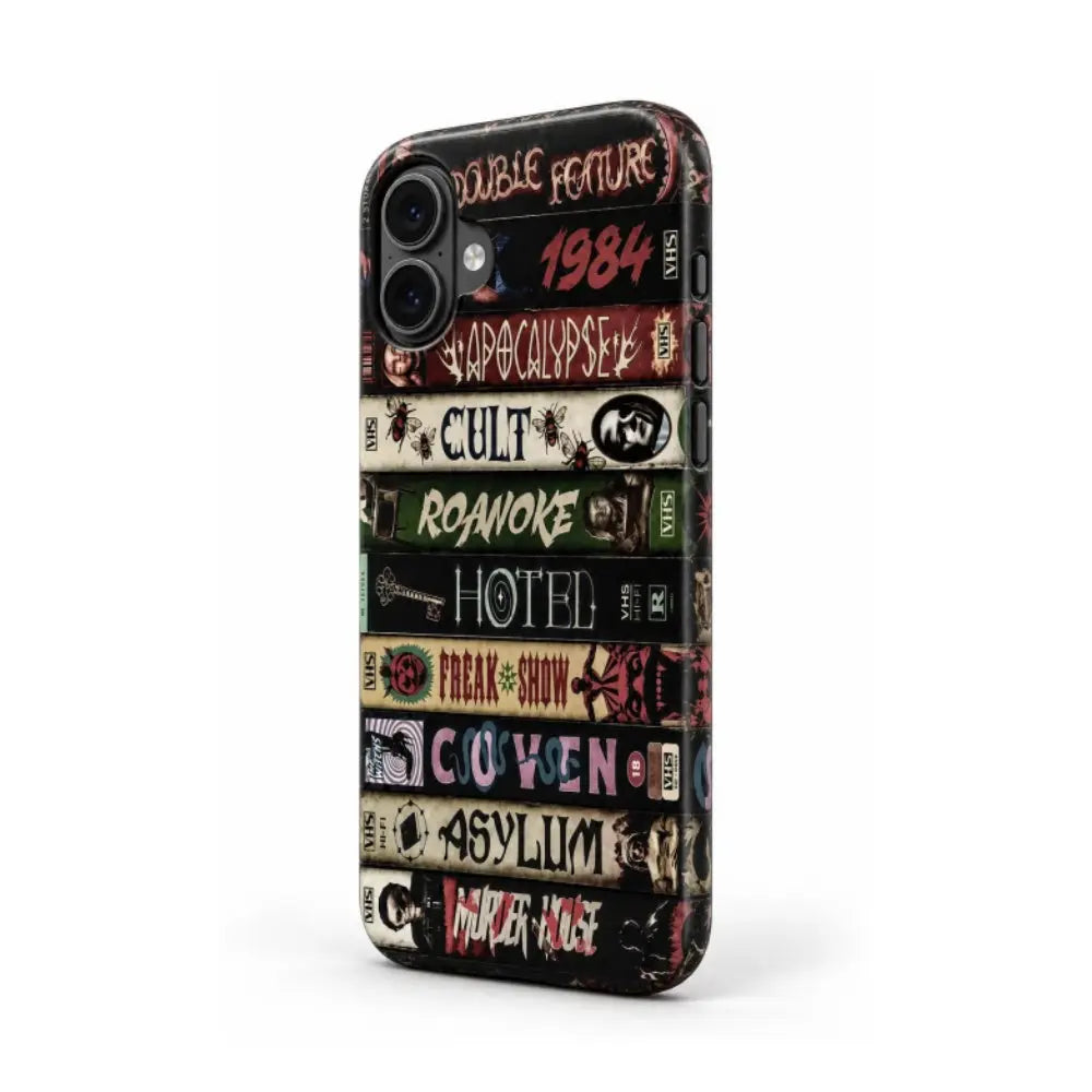Wrapped side button detail of vintage horror book spine phone case