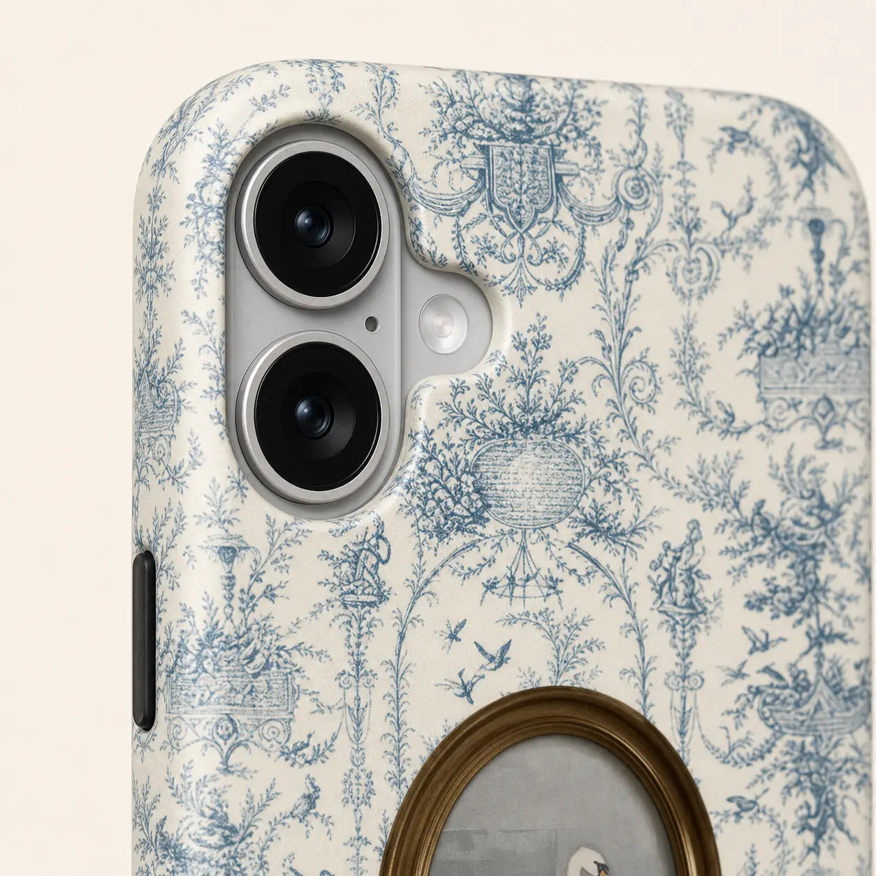 Porcelain Rococo Swan Phone Case with blue toile pattern and oval swan portrait