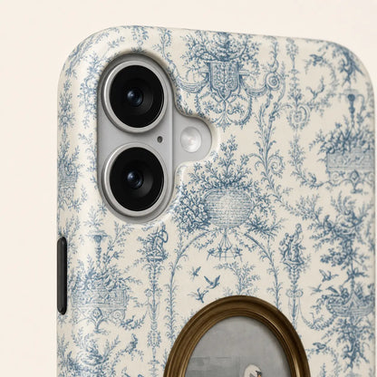 Porcelain Rococo Swan Phone Case with blue toile pattern and oval swan portrait