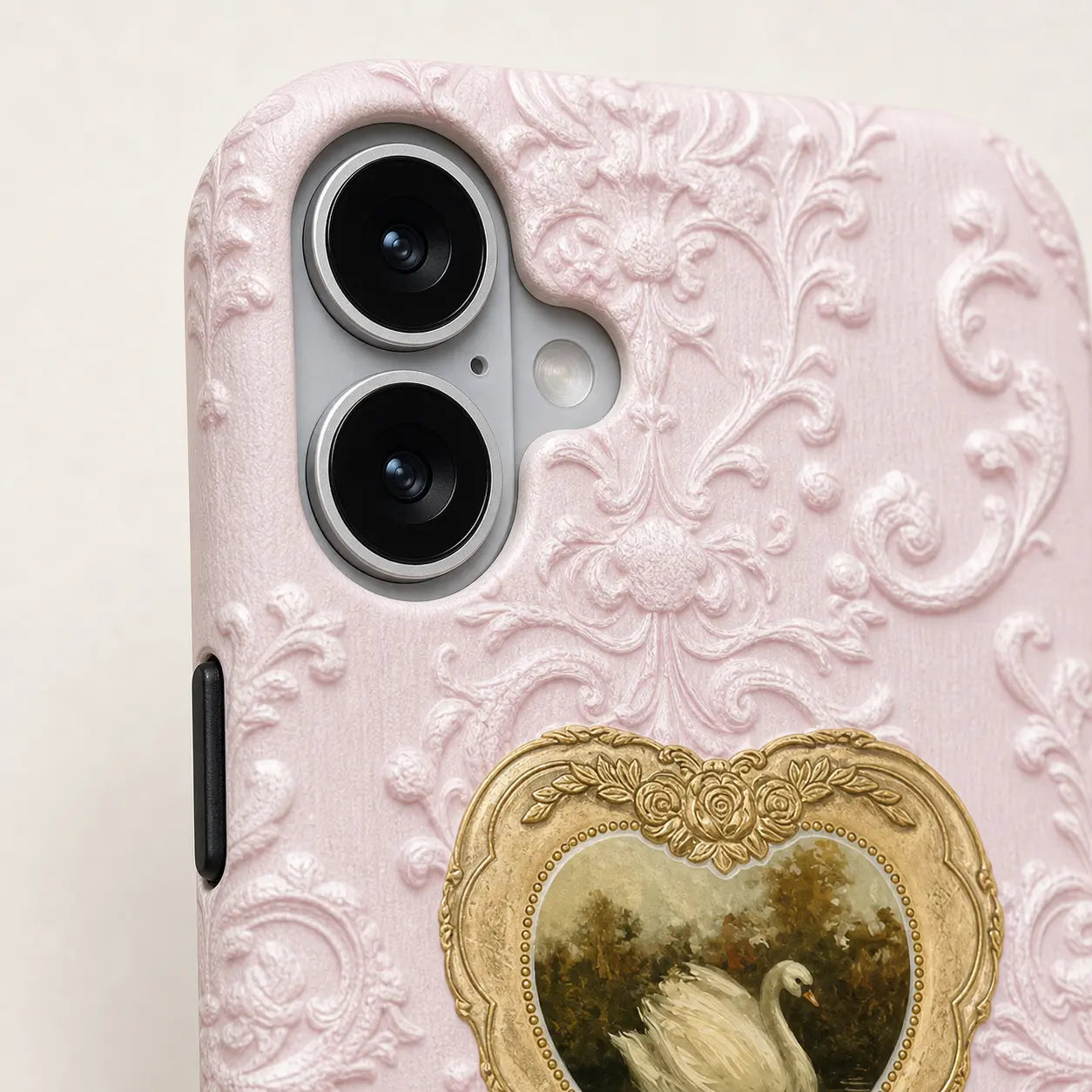 Blush Heart Rococo Swan Phone Case with pink texture and gold heart frame