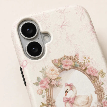 Pink Ribbon Rococo Swan Phone Case with floral frame and bow details