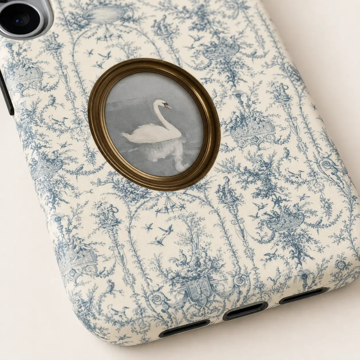 Porcelain Rococo Swan Phone Case with blue toile pattern and oval swan portrait