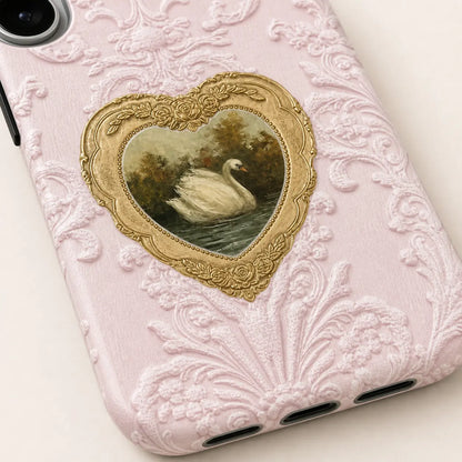 Blush Heart Rococo Swan Phone Case with pink texture and gold heart frame