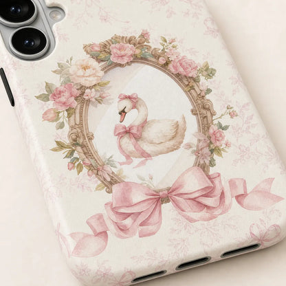 Pink Ribbon Rococo Swan Phone Case with floral frame and bow details