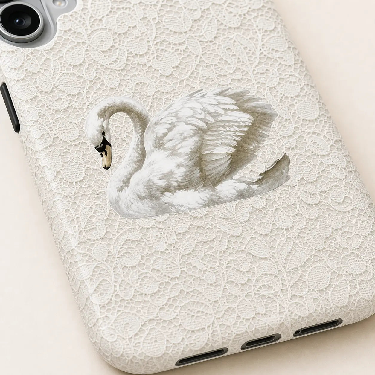 White Lace Rococo Swan Phone Case with white lace texture and swan design