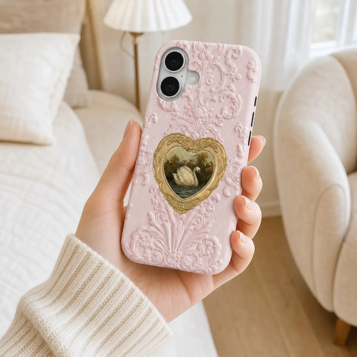 Blush Heart Rococo Swan Phone Case with pink texture and gold heart frame