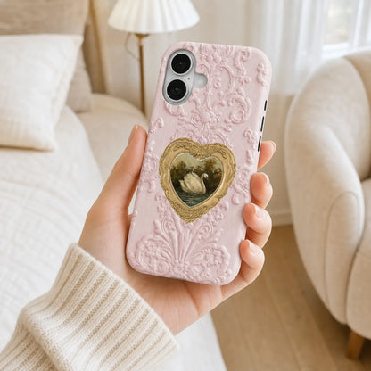 Blush Heart Rococo Swan Phone Case with pink texture and gold heart frame
