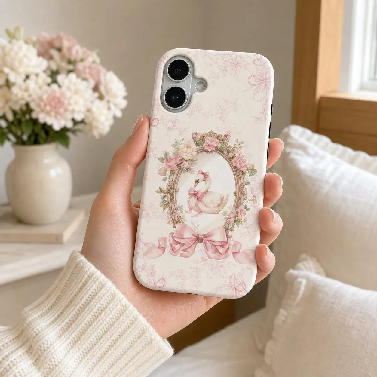 Pink Ribbon Rococo Swan Phone Case with floral frame and bow details