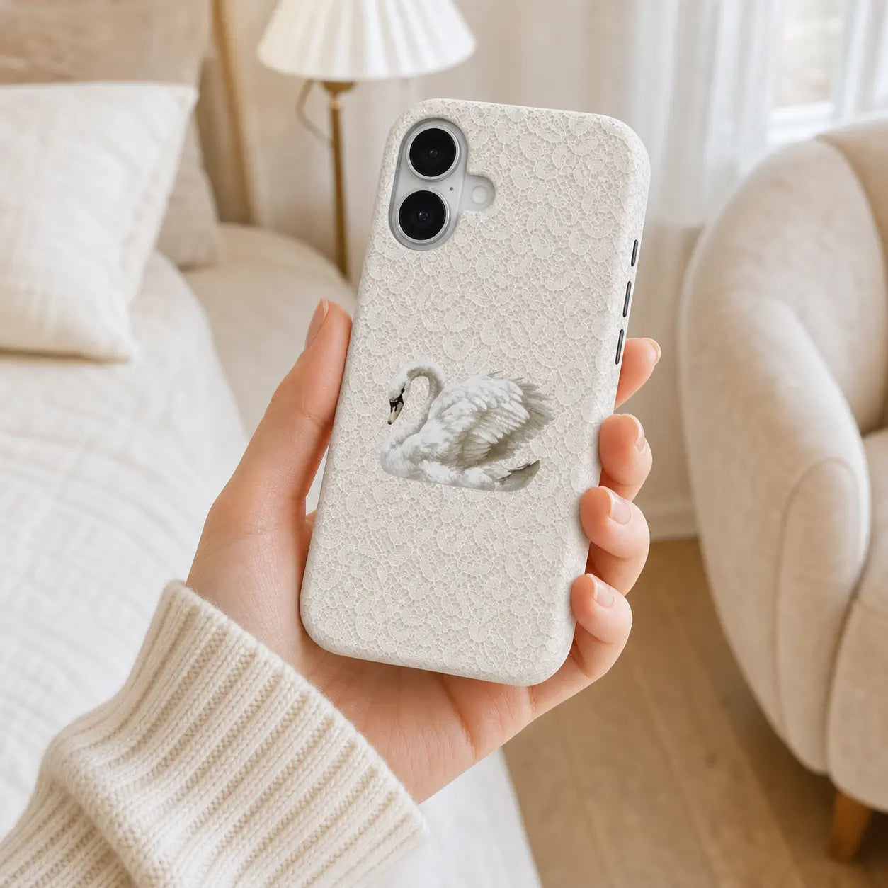 White Lace Rococo Swan Phone Case with white lace texture and swan design