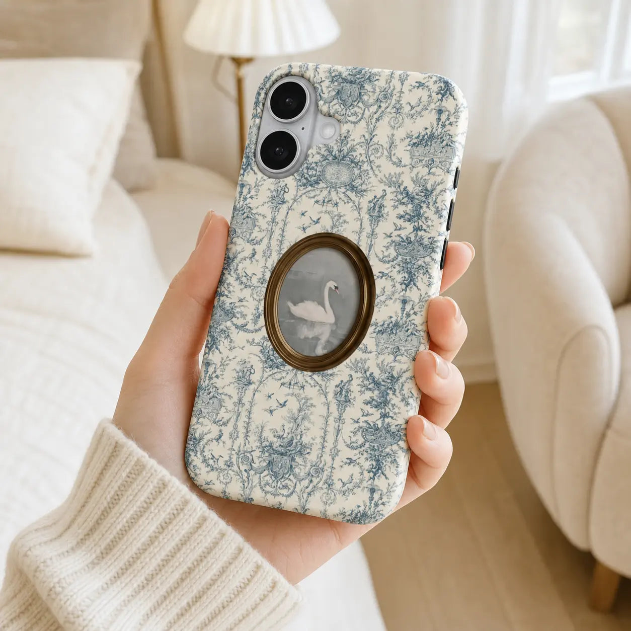 Porcelain Rococo Swan Phone Case with blue toile pattern and oval swan portrait