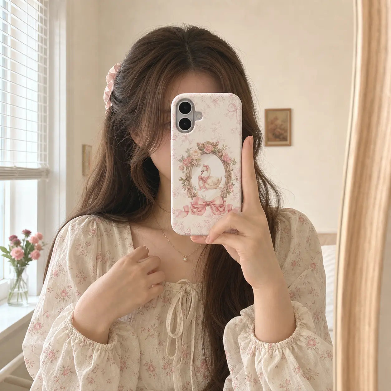 Pink Ribbon Rococo Swan Phone Case with floral frame and bow details