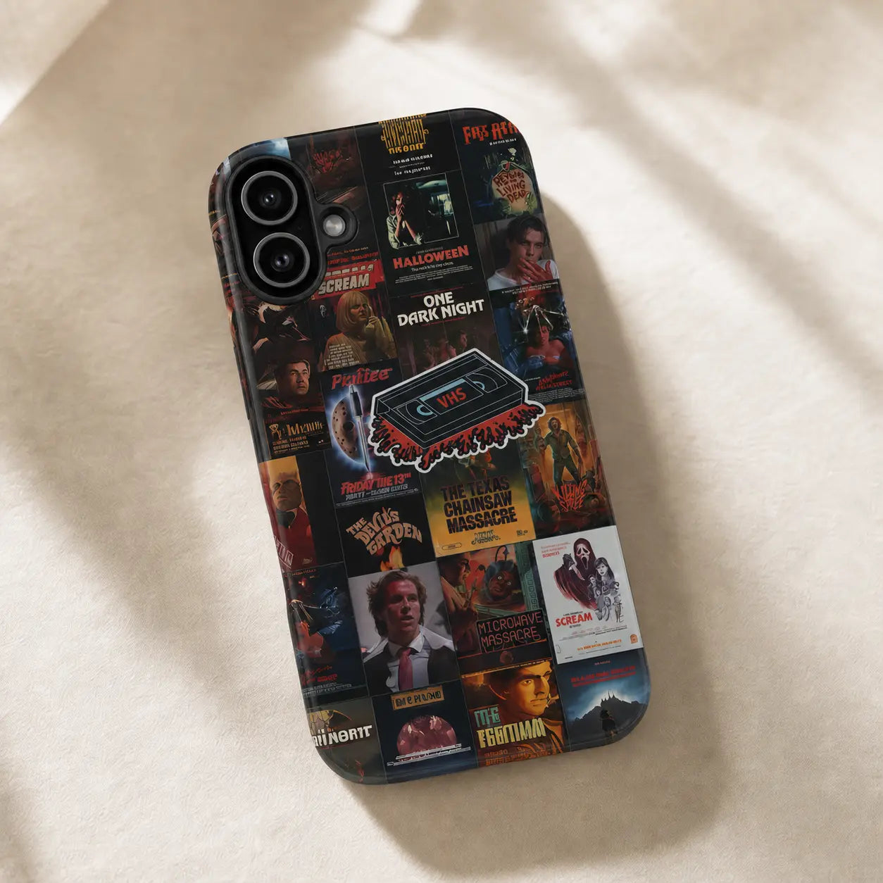 Vintage horror poster phone case with retro VHS collage design for iPhone, Samsung, and Google Pixel