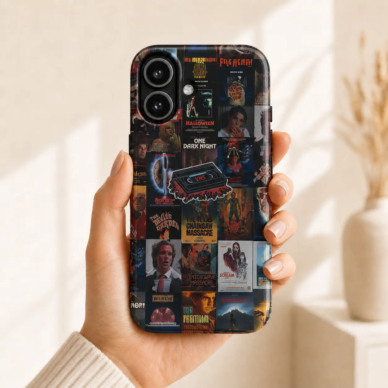 Vintage horror poster phone case with retro VHS collage design for iPhone, Samsung, and Google Pixel