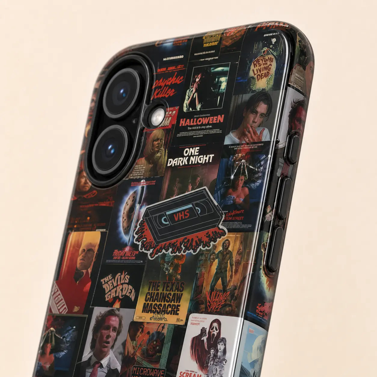 Vintage horror poster phone case with retro VHS collage design for iPhone, Samsung, and Google Pixel