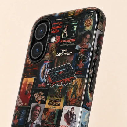 Vintage horror poster phone case with retro VHS collage design for iPhone, Samsung, and Google Pixel