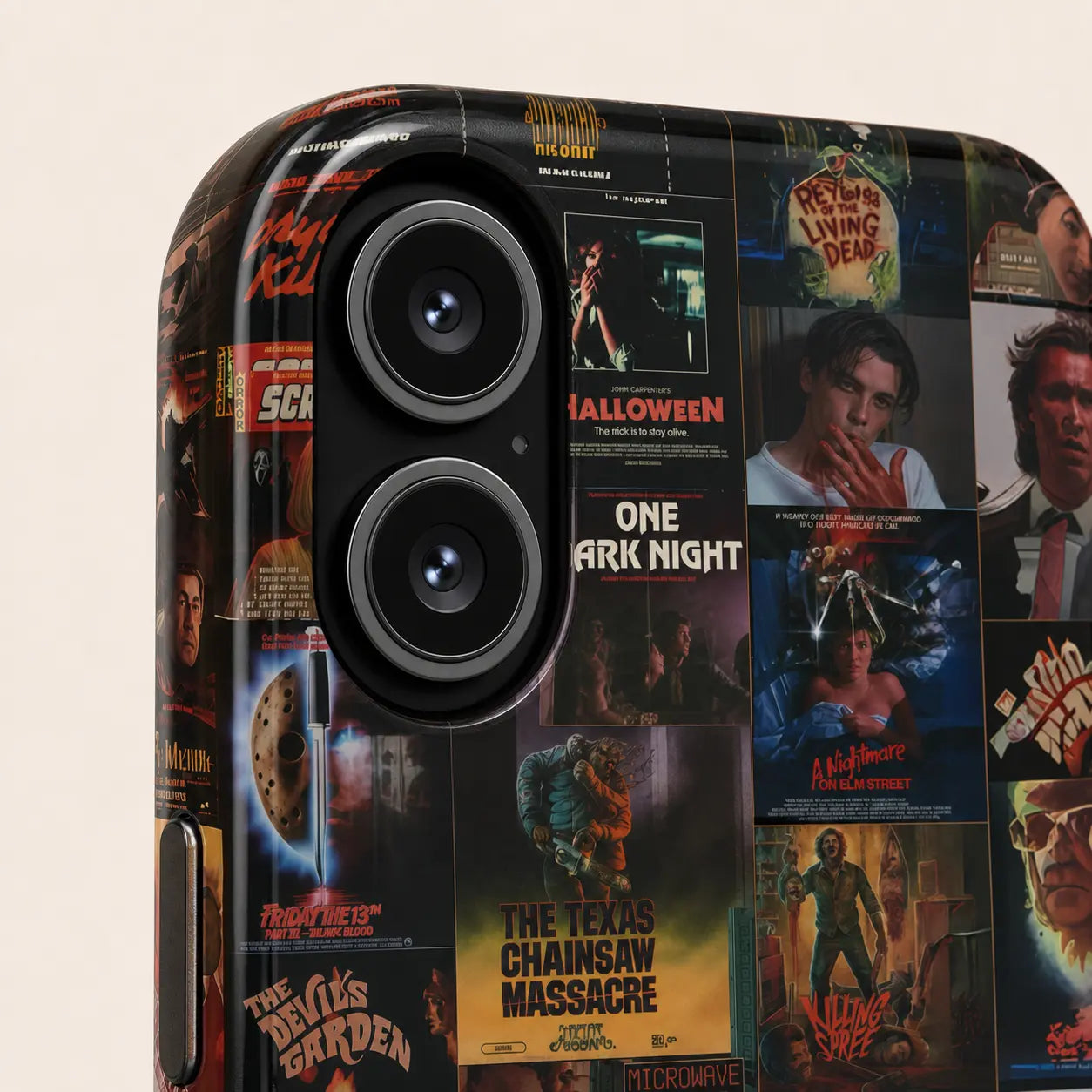 Vintage horror poster phone case with retro VHS collage design for iPhone, Samsung, and Google Pixel