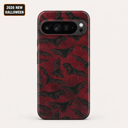 Vintage red bat phone case for Google Pixel with a distressed gothic pattern