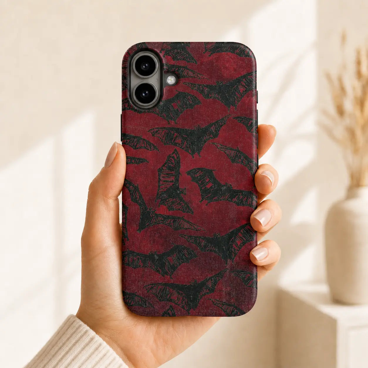 Vintage red bat phone case for Google Pixel with a distressed gothic pattern