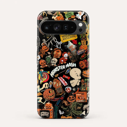Halloween sticker bomb phone case with vintage pumpkins, ghosts, skulls, and spooky graphics on a black background.