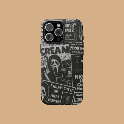 This Halloween phone case features a black and white newspaper-style collage of classic horror movie elements, offering a subtle yet unique accessory.