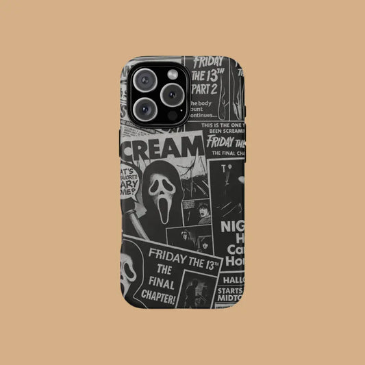 This Halloween phone case features a black and white newspaper-style collage of classic horror movie elements, offering a subtle yet unique accessory.
