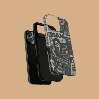 This Halloween phone case features a black and white newspaper-style collage of classic horror movie elements, offering a subtle yet unique accessory.