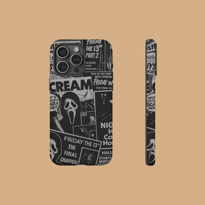 This Halloween phone case features a black and white newspaper-style collage of classic horror movie elements, offering a subtle yet unique accessory.