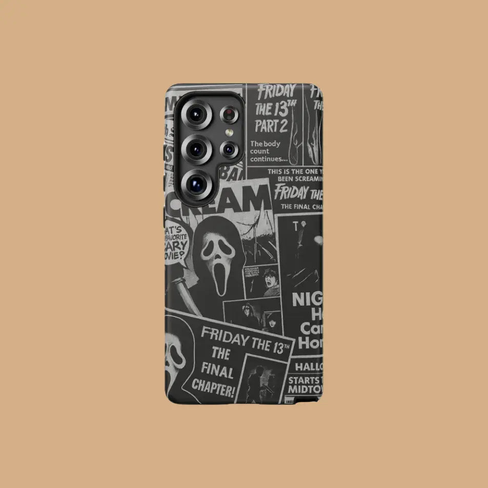 This Halloween phone case features a black and white newspaper-style collage of classic horror movie elements, offering a subtle yet unique accessory.