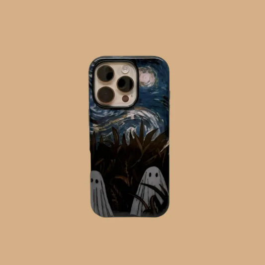 This Halloween phone case features a vintage collage of classic elements like pumpkins, black cats, and skeletons, adding a unique festive vibe.