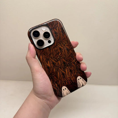 This Halloween phone case features a beautiful oil painting style of a skeleton lying in flowers, blending life and death for a unique artistic touch.
