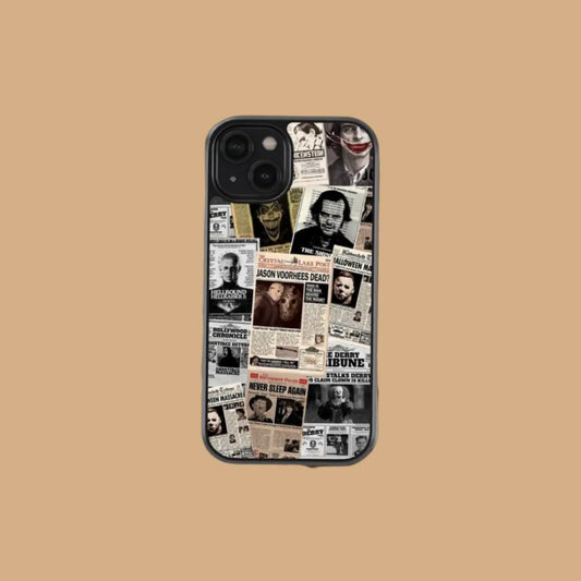 This Halloween phone case features a newspaper-style collage of classic horror movie characters, making it a unique and trendy must-have for the spooky season.