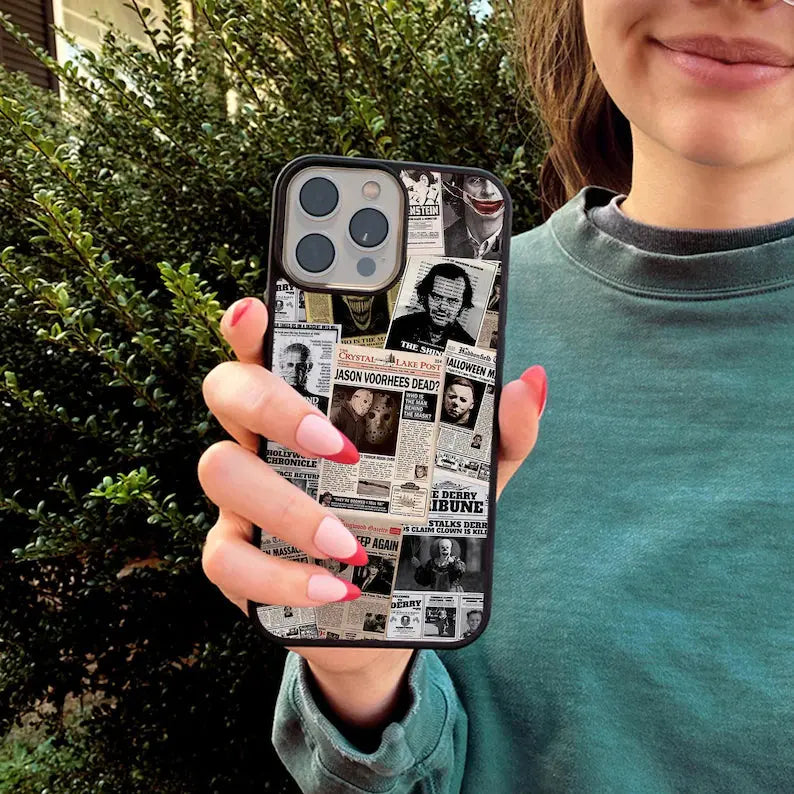 This Halloween phone case features a newspaper-style collage of classic horror movie characters, making it a unique and trendy must-have for the spooky season.
