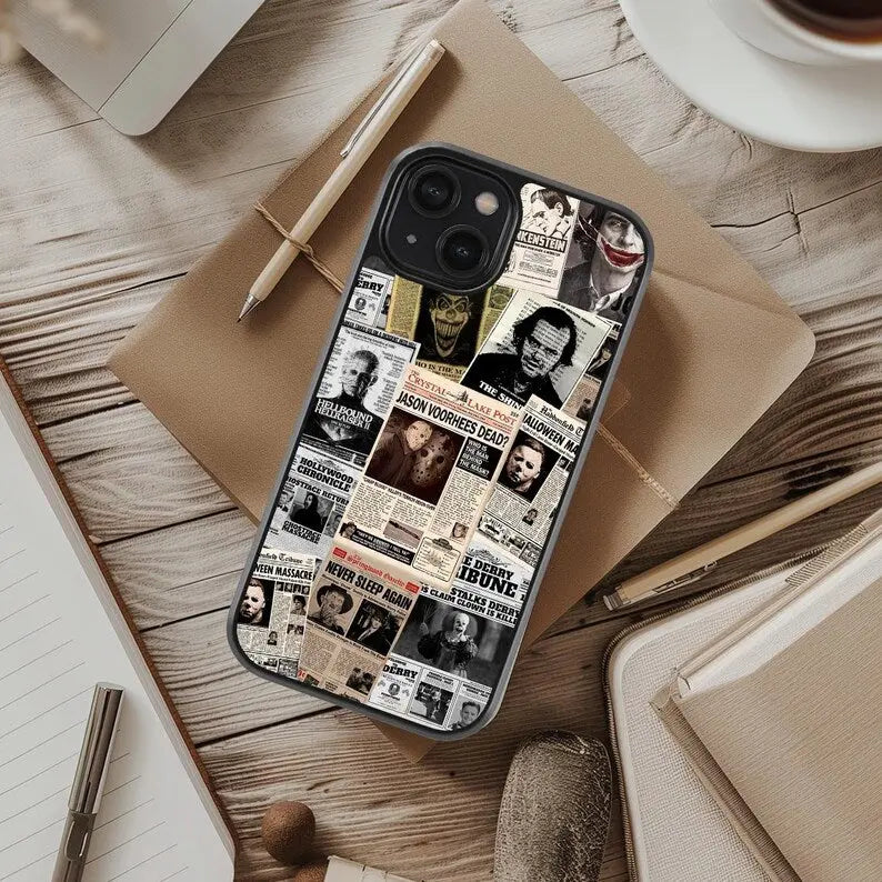 This Halloween phone case features a newspaper-style collage of classic horror movie characters, making it a unique and trendy must-have for the spooky season.