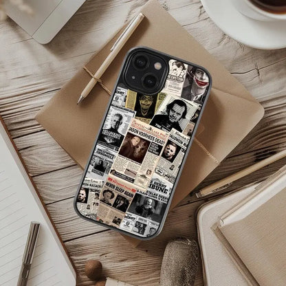This Halloween phone case features a newspaper-style collage of classic horror movie characters, making it a unique and trendy must-have for the spooky season.