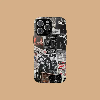 This black and white, newspaper-style phone case features classic horror elements, adding a subtle touch of personality to your Halloween look.