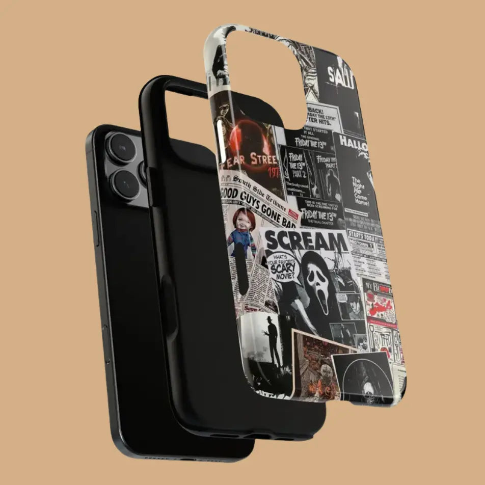 This black and white, newspaper-style phone case features classic horror elements, adding a subtle touch of personality to your Halloween look.