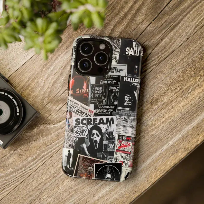 This black and white, newspaper-style phone case features classic horror elements, adding a subtle touch of personality to your Halloween look.