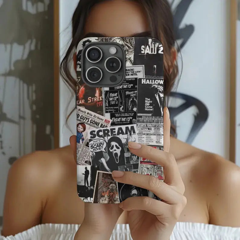 This black and white, newspaper-style phone case features classic horror elements, adding a subtle touch of personality to your Halloween look.