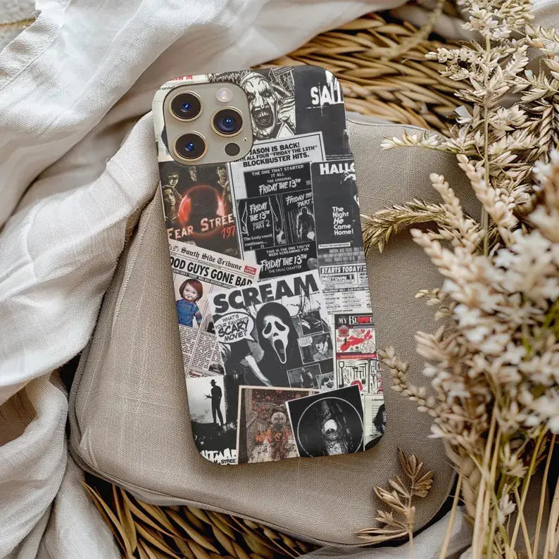 This black and white, newspaper-style phone case features classic horror elements, adding a subtle touch of personality to your Halloween look.