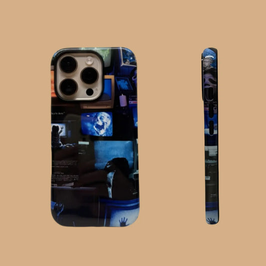 This Halloween phone case features a collage of classic horror movie elements, bringing a trendy vibe that makes it a must-have fashion item for the season.