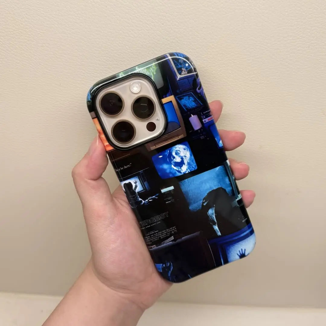 This Halloween phone case features a collage of classic horror movie elements, bringing a trendy vibe that makes it a must-have fashion item for the season.
