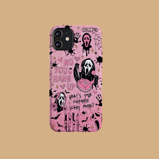 This sparkling pink Ghostface phone case is a cute yet spooky accessory. Featuring classic movie quotes, it adds a unique touch to your Halloween look.