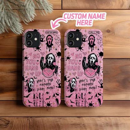 This sparkling pink Ghostface phone case is a cute yet spooky accessory. Featuring classic movie quotes, it adds a unique touch to your Halloween look.