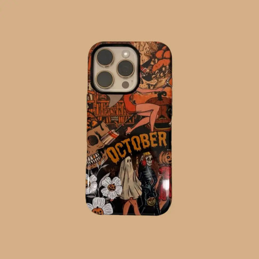 This Halloween phone case features a vintage collage of various horror elements, creating a unique and trendy accessory for the spooky season.